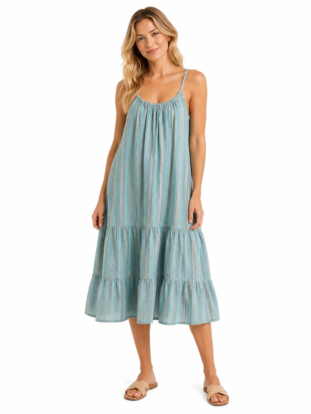 dip Teal Linen Blend Striped Tiered Midi Dress